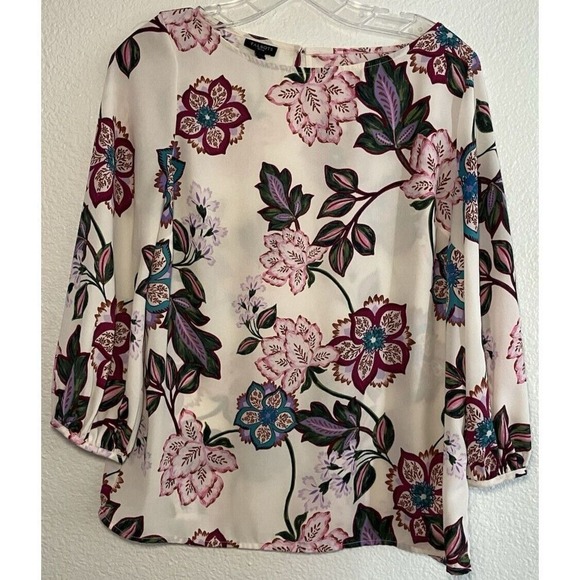 Talbots Petite Floral Print 3/4 Sleeve Blouse Cream Pink Blue Elegant Work Top M - Picture 1 of 4